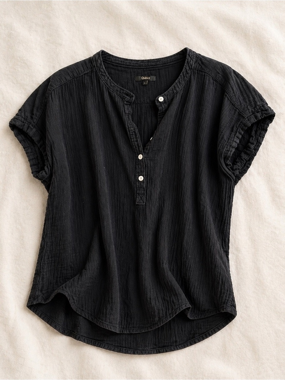 Quince Black Short-Sleeve Buttoned Women's Blouse